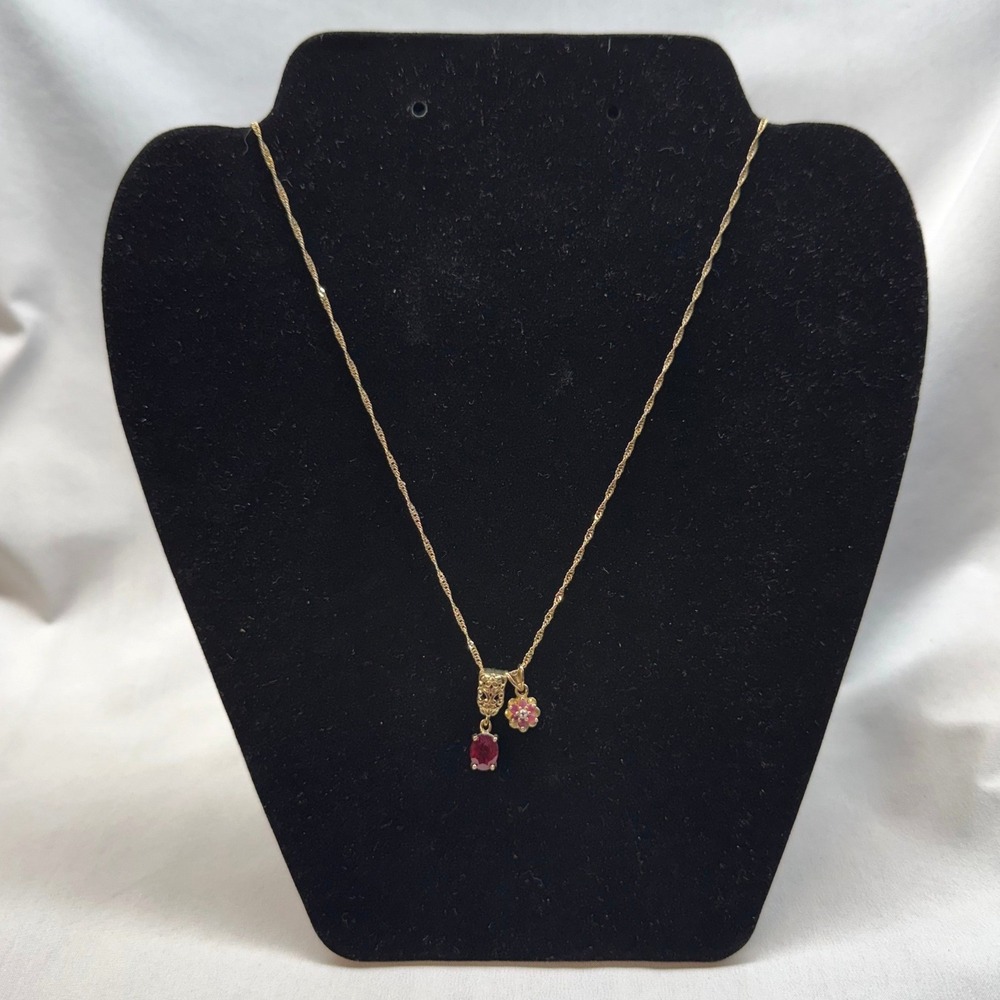 BBJ Necklace Women 20" Gold Red Pink Sterling Silver Excellent Flower Gemstone